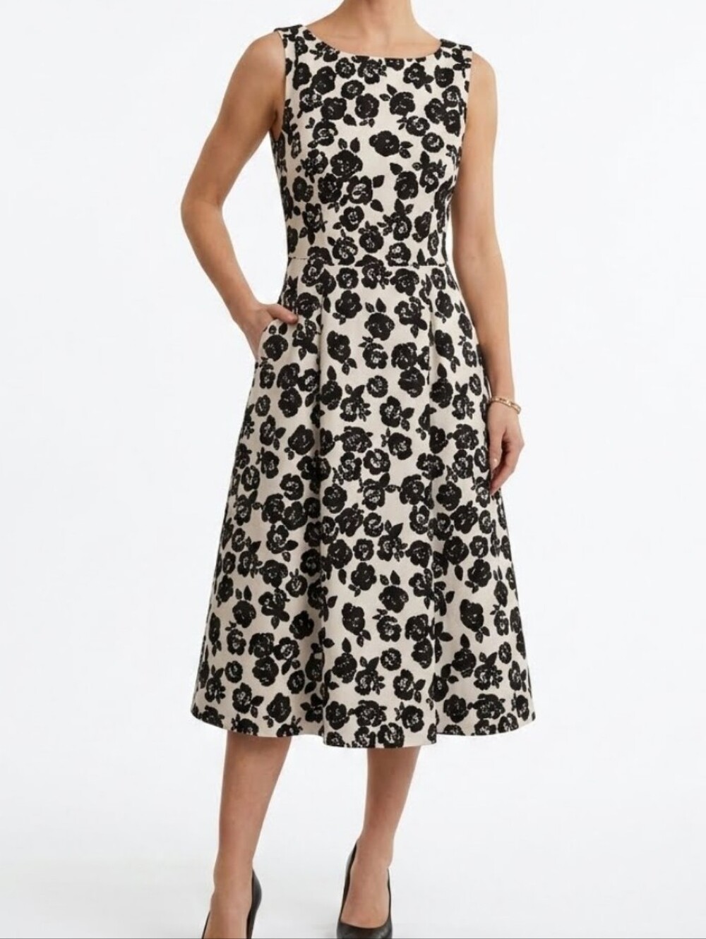 NWT Betsey Johnson Jacquard Floral Sleeveless Midi Dress Pockets Ivory Black 10